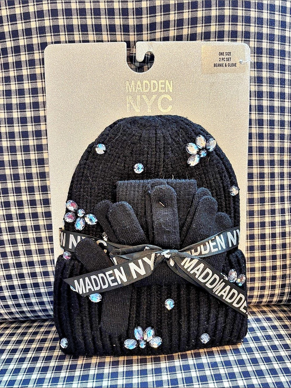MADDEN NYC Rhinestone Beanie and Glove 2-Piece Set Black & silver